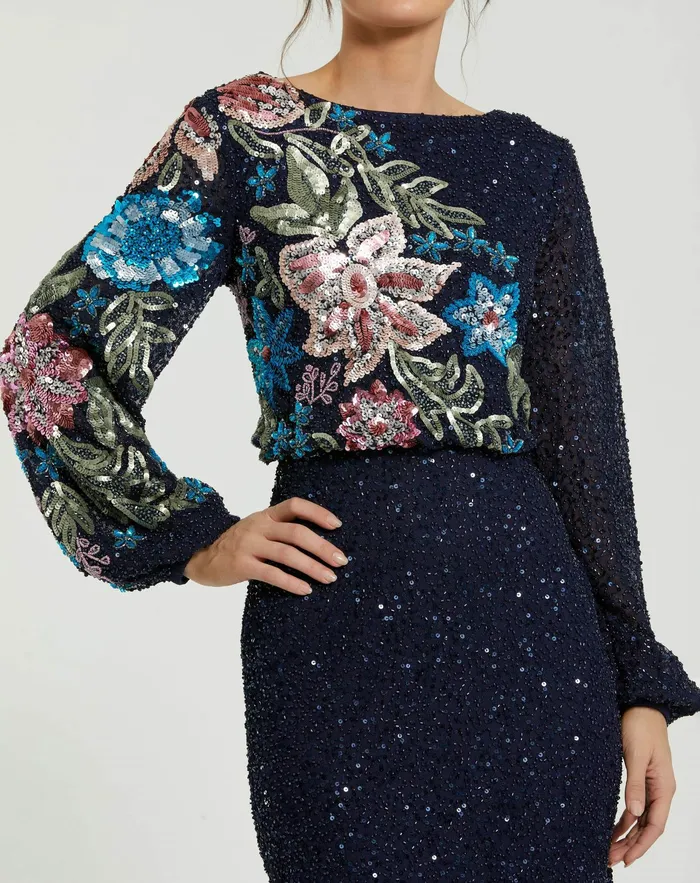 Women Mac Duggal Blue Embellished Multi Color Floral High Neck Gown Midnight Evening Gowns
