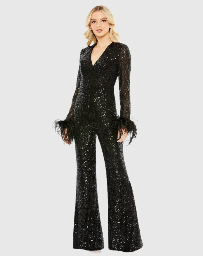 Women Mac Duggal Feather Cuff Sequined V Neck Jumpsuit Black Jumpsuits and Rompers