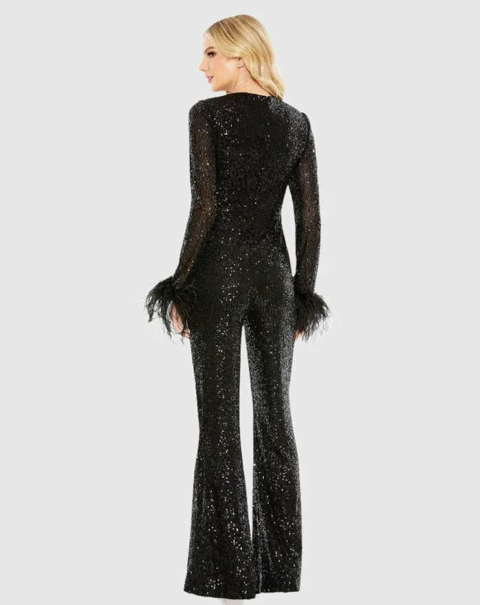 Women Mac Duggal Feather Cuff Sequined V Neck Jumpsuit Black Jumpsuits and Rompers