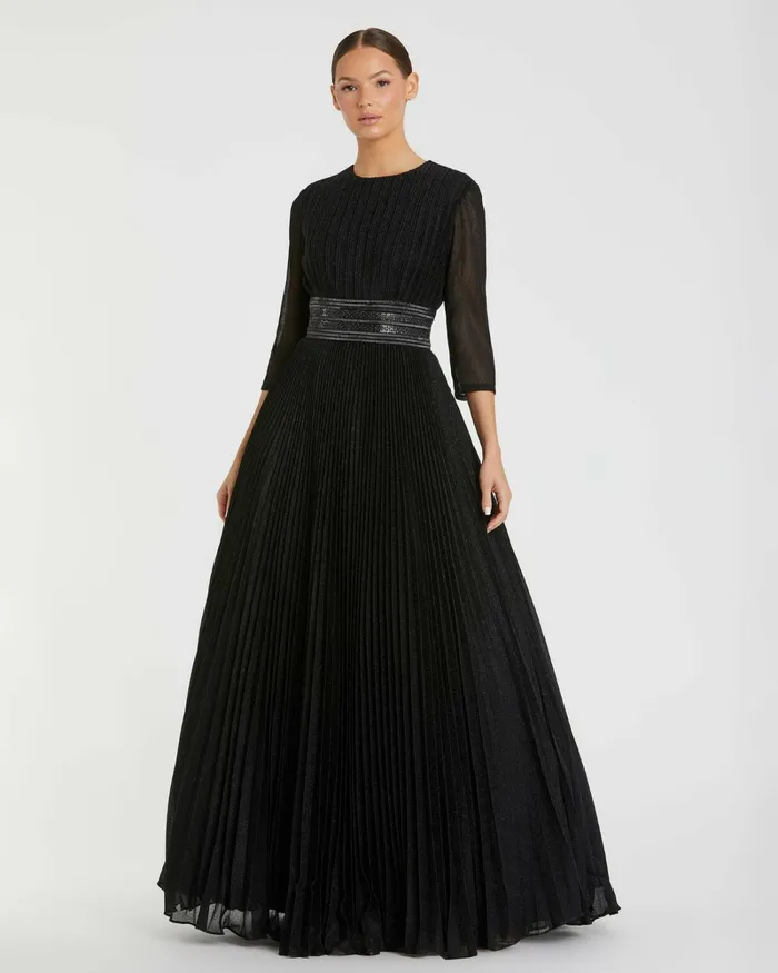 Women Mac Duggal Shimmering Pleated ALine 34 Sleeve Gown Black Best Sellers