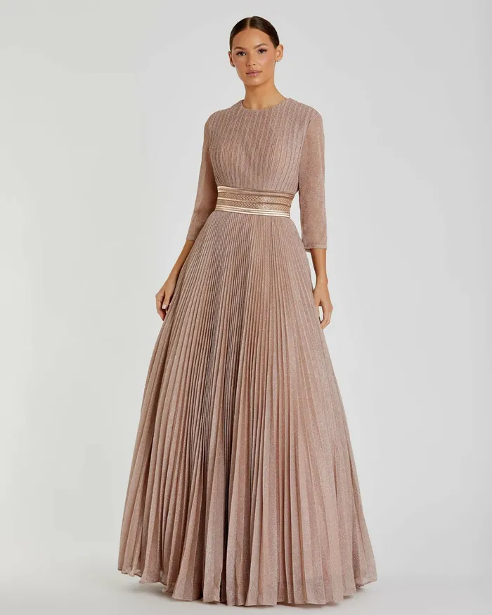 Women Mac Duggal Shimmering Pleated ALine 34 Sleeve Gown Black Best Sellers