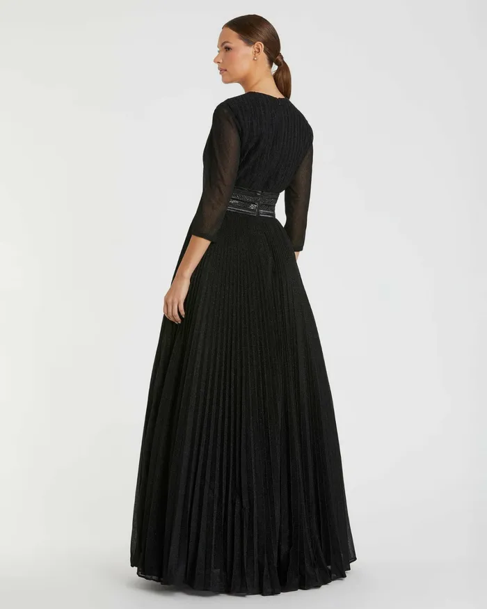 Women Mac Duggal Shimmering Pleated ALine 34 Sleeve Gown Black Best Sellers
