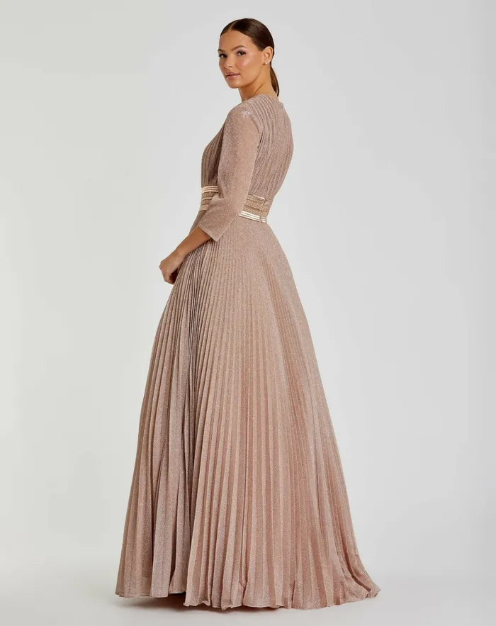 Women Mac Duggal Shimmering Pleated ALine 34 Sleeve Gown Black Best Sellers
