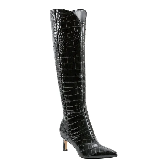 Women Marc Fisher Quinnie Dress Boot Black Croco Leather Boots and Booties