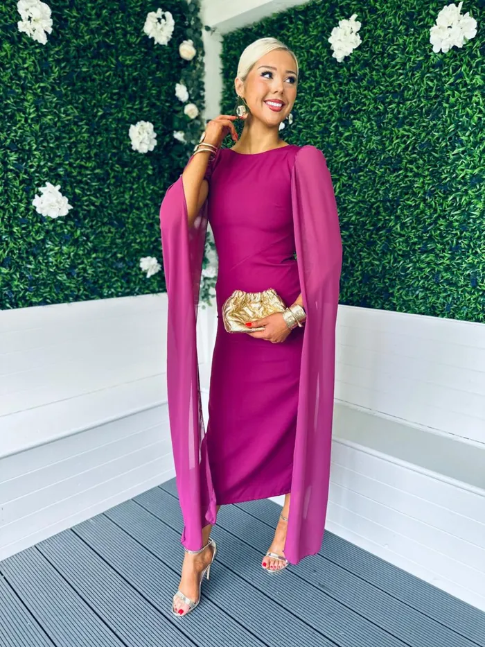 Women Maxi Canella Lane Camilla Cape Detail Occasion Dress Berry