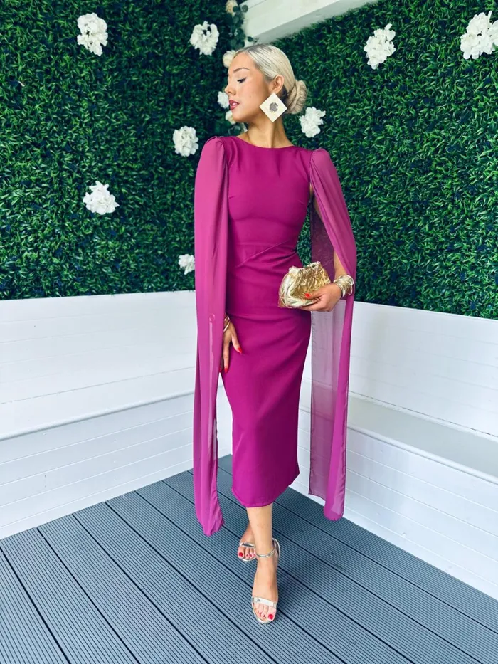 Women Maxi Canella Lane Camilla Cape Detail Occasion Dress Berry
