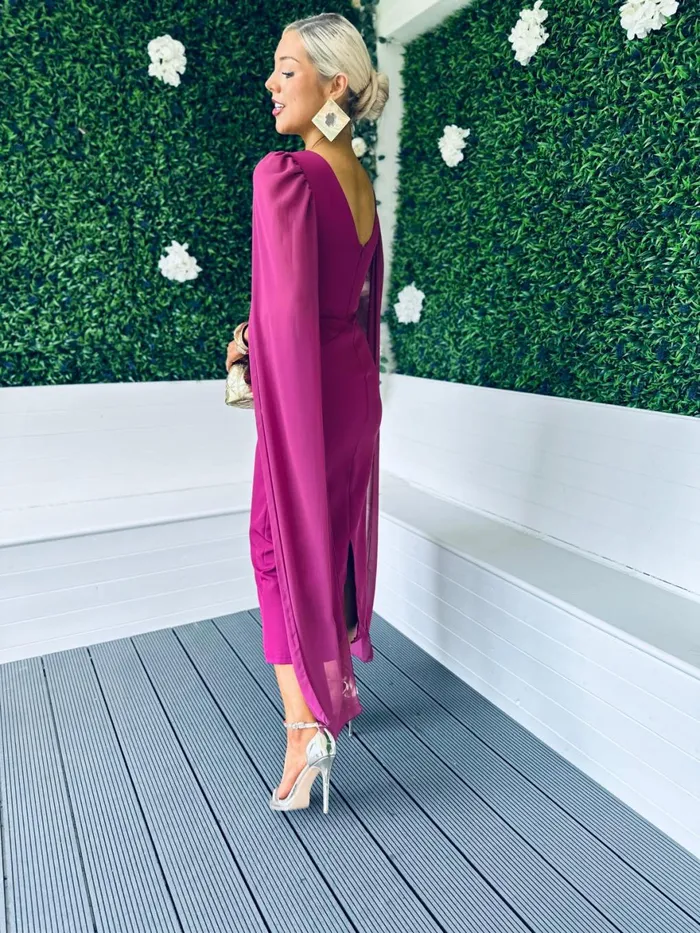 Women Maxi Canella Lane Camilla Cape Detail Occasion Dress Berry