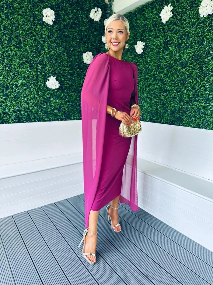 Women Maxi Canella Lane Camilla Cape Detail Occasion Dress Berry