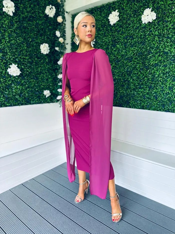 Women Maxi Canella Lane Camilla Cape Detail Occasion Dress Berry