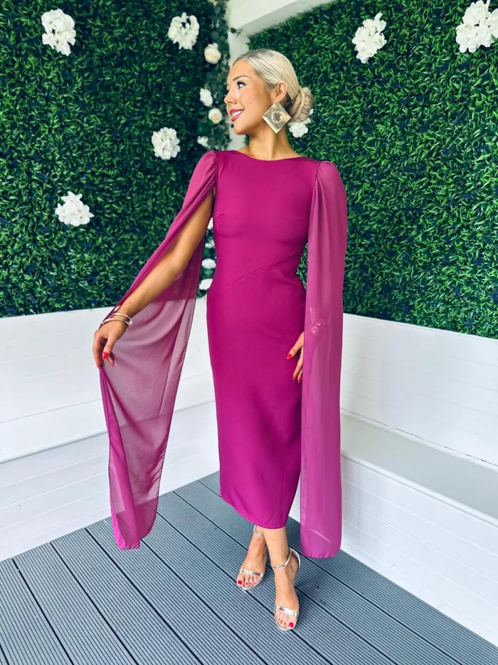 Women Maxi Canella Lane Camilla Cape Detail Occasion Dress Berry