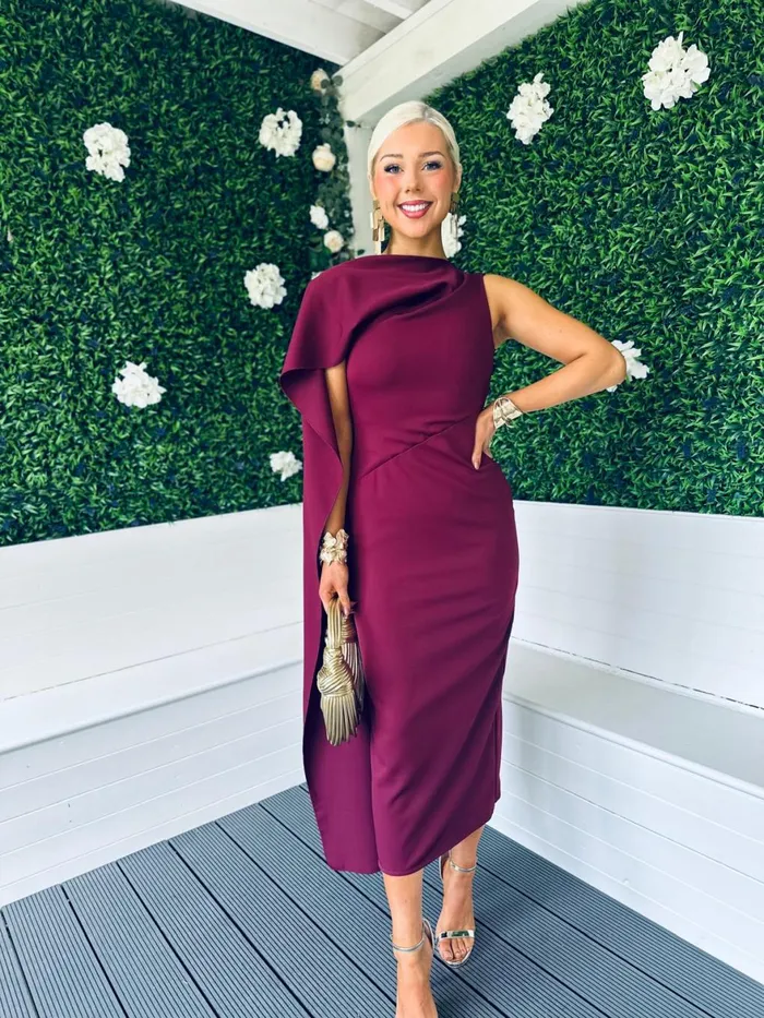 Women Maxi Canella Lane Hudson Cape Detail Occasion Dress Burgundy