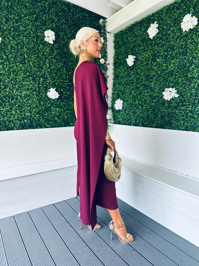 Women Maxi Canella Lane Hudson Cape Detail Occasion Dress Burgundy