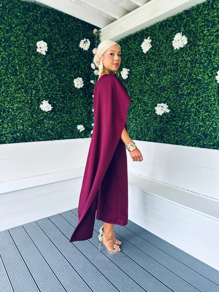 Women Maxi Canella Lane Hudson Cape Detail Occasion Dress Burgundy