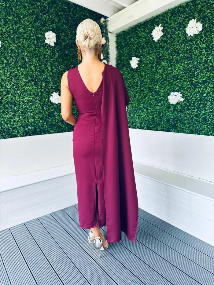 Women Maxi Canella Lane Hudson Cape Detail Occasion Dress Burgundy