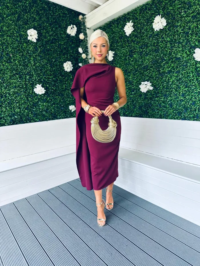 Women Maxi Canella Lane Hudson Cape Detail Occasion Dress Burgundy
