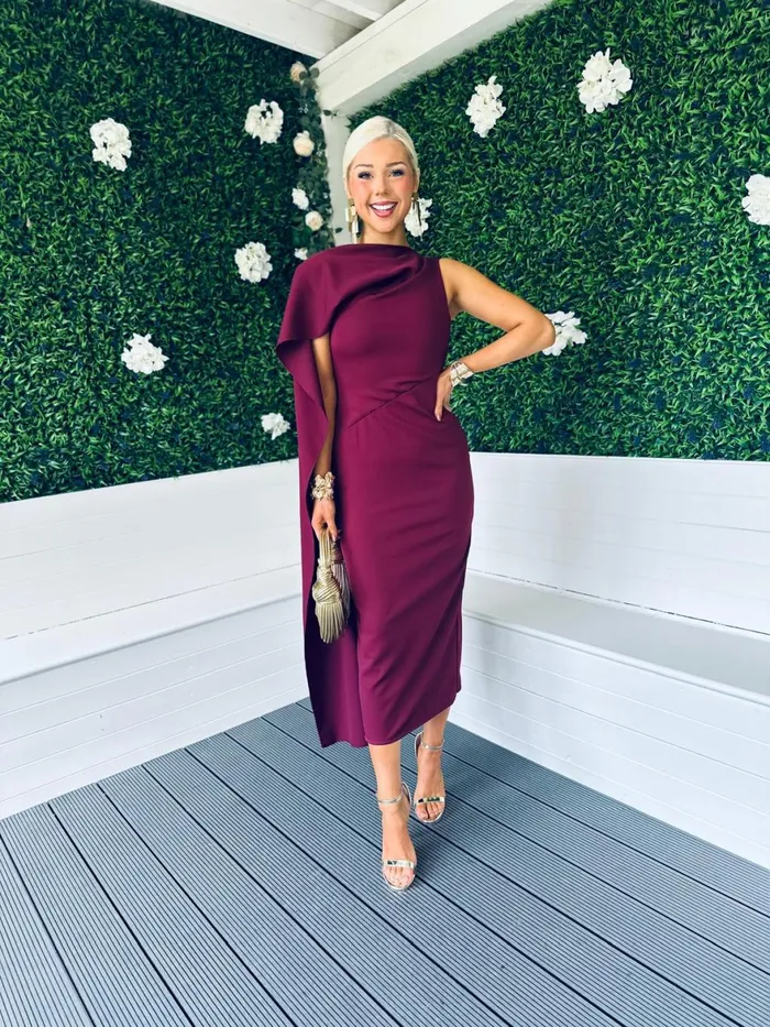 Women Maxi Canella Lane Hudson Cape Detail Occasion Dress Burgundy