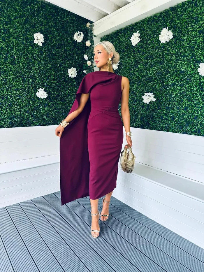 Women Maxi Canella Lane Hudson Cape Detail Occasion Dress Burgundy