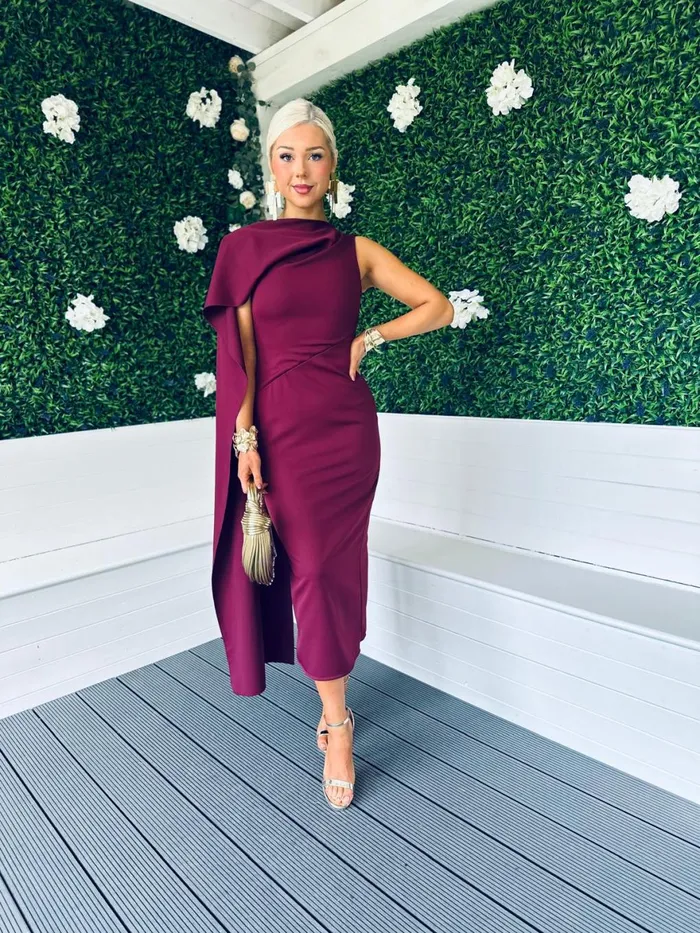 Women Maxi Canella Lane Hudson Cape Detail Occasion Dress Burgundy