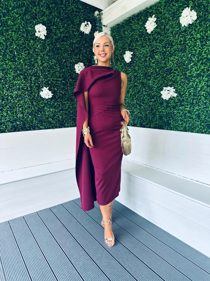 Women Maxi Canella Lane Hudson Cape Detail Occasion Dress Burgundy
