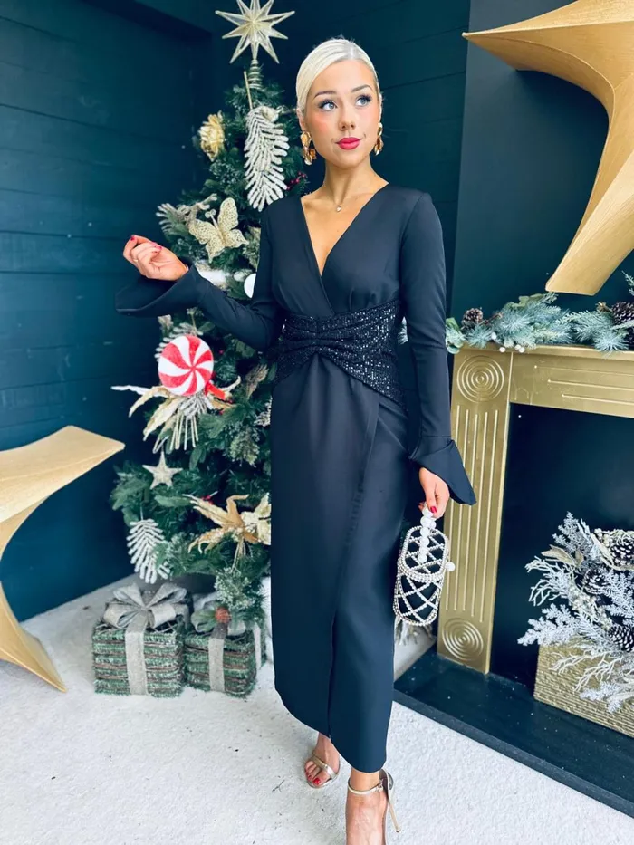 Women Midi Canella Lane Cassandra Sequin Detail Occasion Dress Black