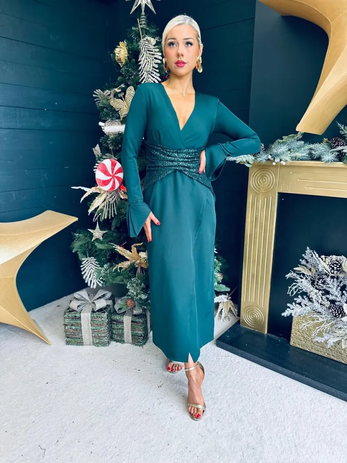 Women Midi Canella Lane Cassandra Sequin Detail Occasion Dress Forest