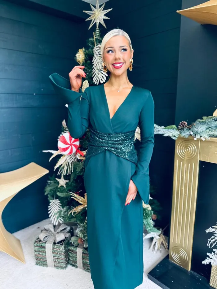 Women Midi Canella Lane Cassandra Sequin Detail Occasion Dress Forest