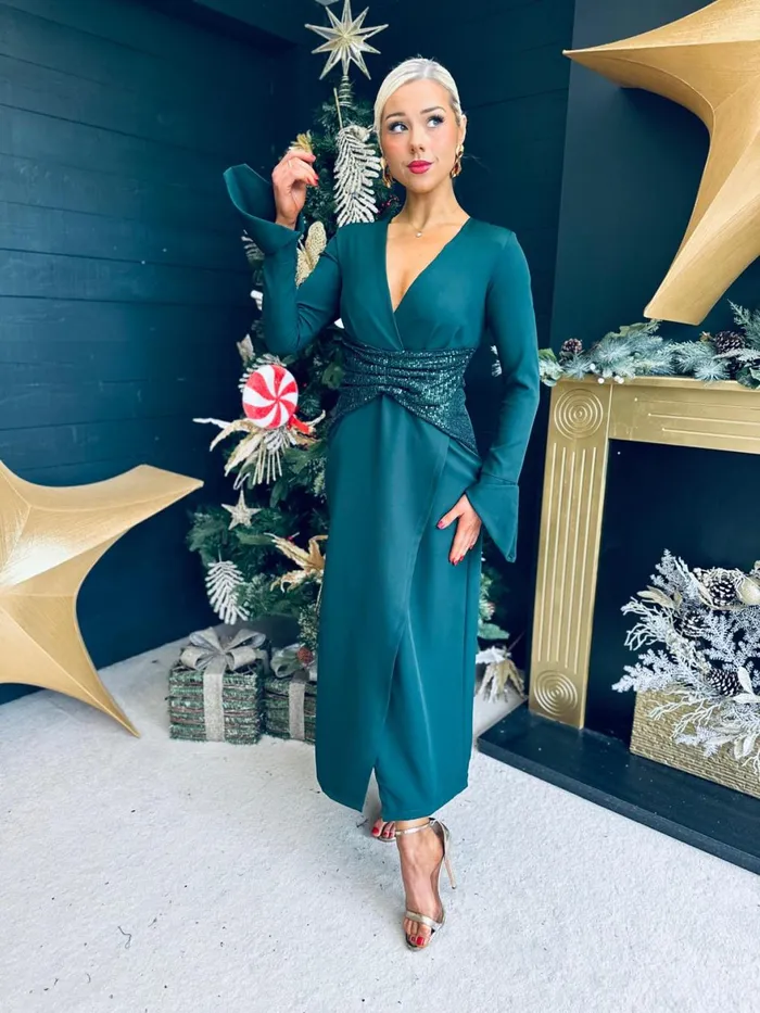 Women Midi Canella Lane Cassandra Sequin Detail Occasion Dress Forest