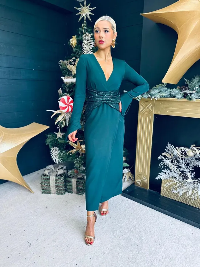 Women Midi Canella Lane Cassandra Sequin Detail Occasion Dress Forest