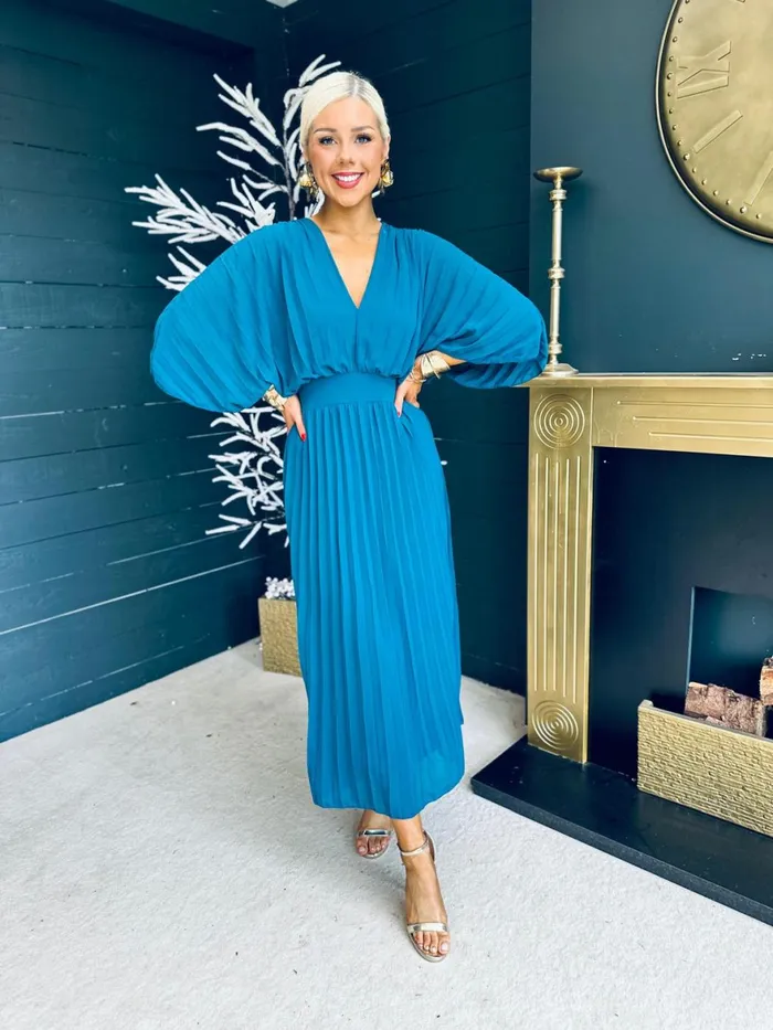Women Midi Canella Lane Daniella Pleated Midi Dress Teal