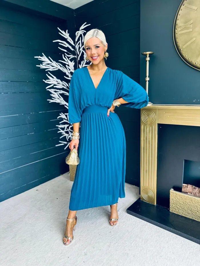 Women Midi Canella Lane Daniella Pleated Midi Dress Teal