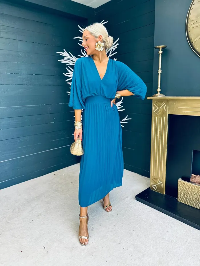 Women Midi Canella Lane Daniella Pleated Midi Dress Teal