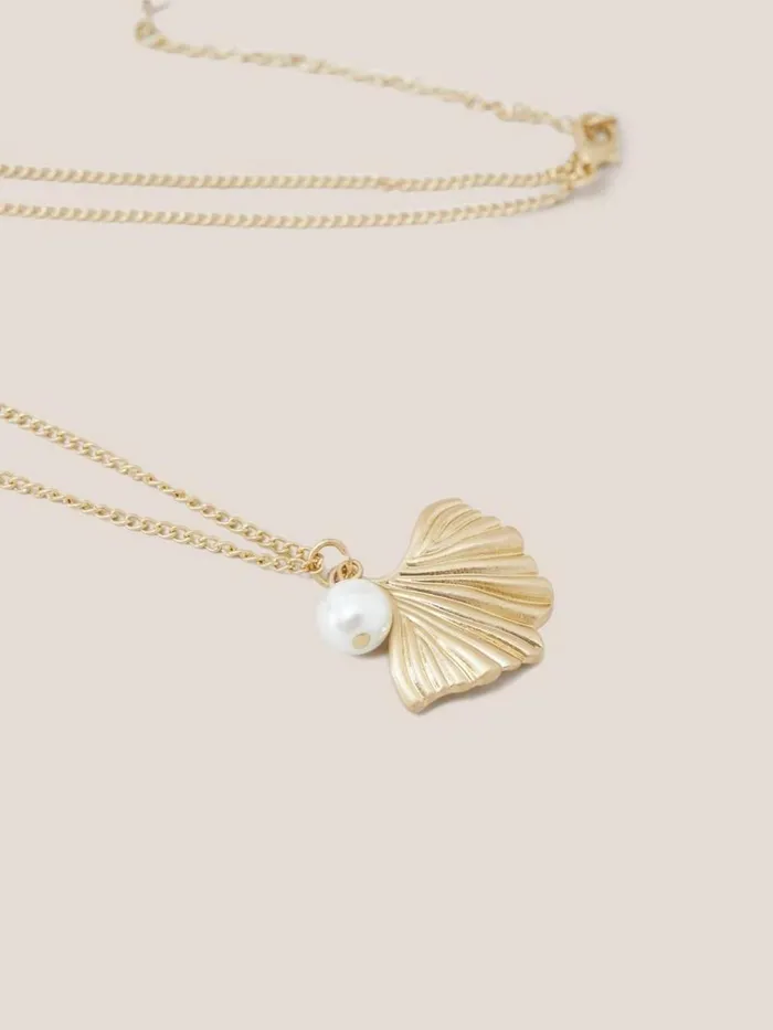 Women NECKLACES White Stuff Fan Pearl Pendant Necklace Gold Tone Metallic