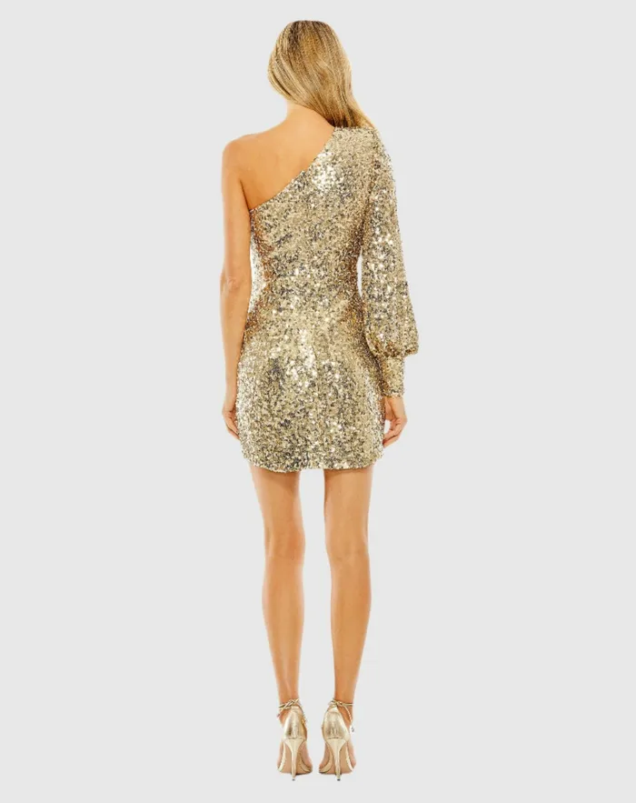 Women One Sleeve Sequin Mini Dress Gold Best Sellers Mac Duggal