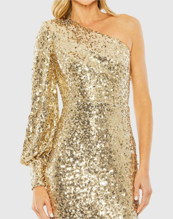 Women One Sleeve Sequin Mini Dress Gold Best Sellers Mac Duggal