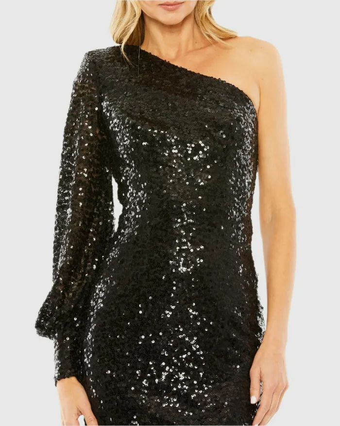 Women One Sleeve Sequin Mini Dress Gold Best Sellers Mac Duggal