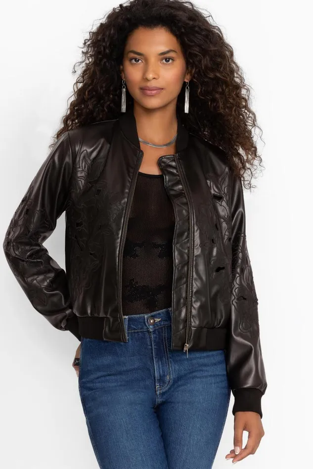 Women Outerwear Johnny Was MELANIE VEGAN LEATHER BOMBER JACKET Black
