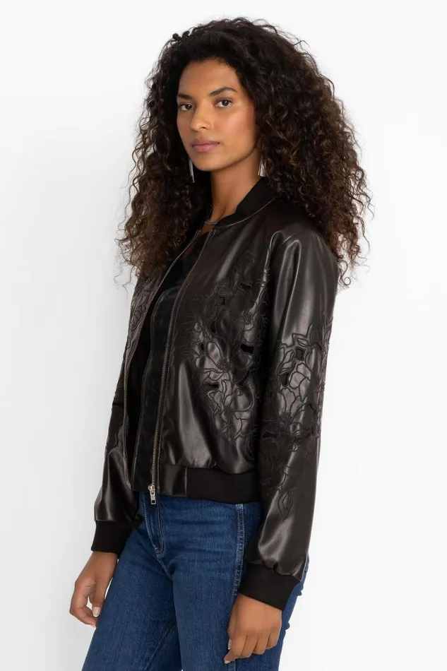 Women Outerwear Johnny Was MELANIE VEGAN LEATHER BOMBER JACKET Black Women Outerwear Johnny Was MELANIE VEGAN LEATHER BOMBER JACKET Black