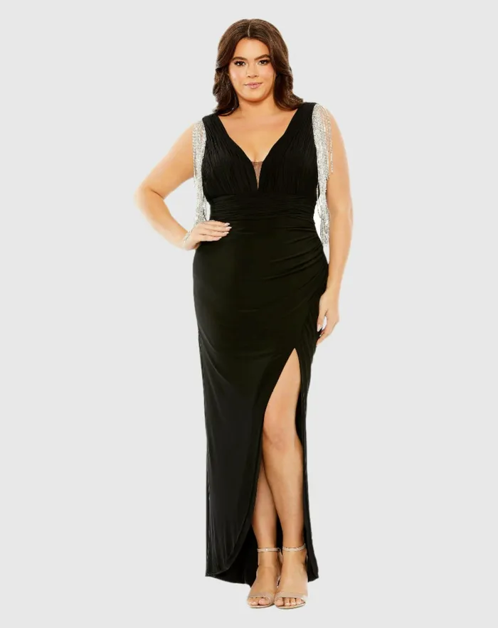 Women Plus Size Dresses Mac Duggal Vneck Gown with Fringe Detail on Shoulder Plus Black