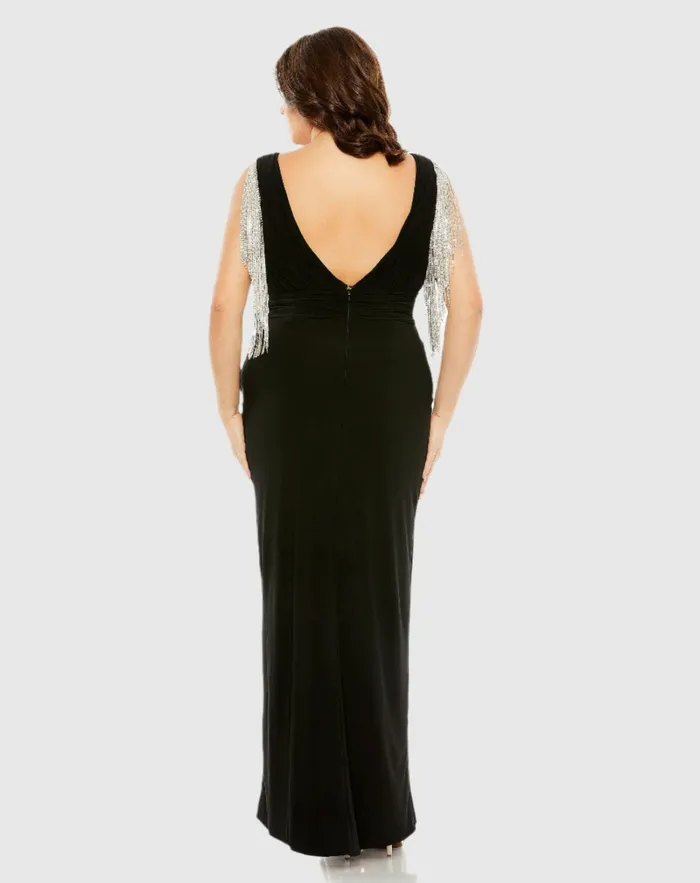 Women Plus Size Dresses Mac Duggal Vneck Gown with Fringe Detail on Shoulder Plus Black