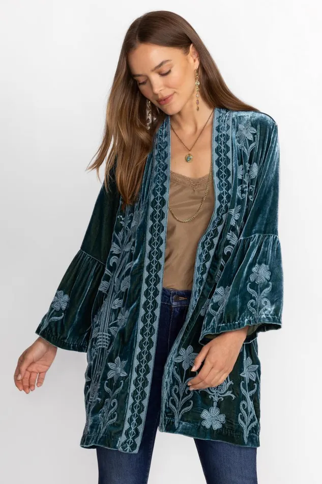 Women Plus Size Johnny Was VELVET RUFFLE SLEEVE KIMONO Peacock