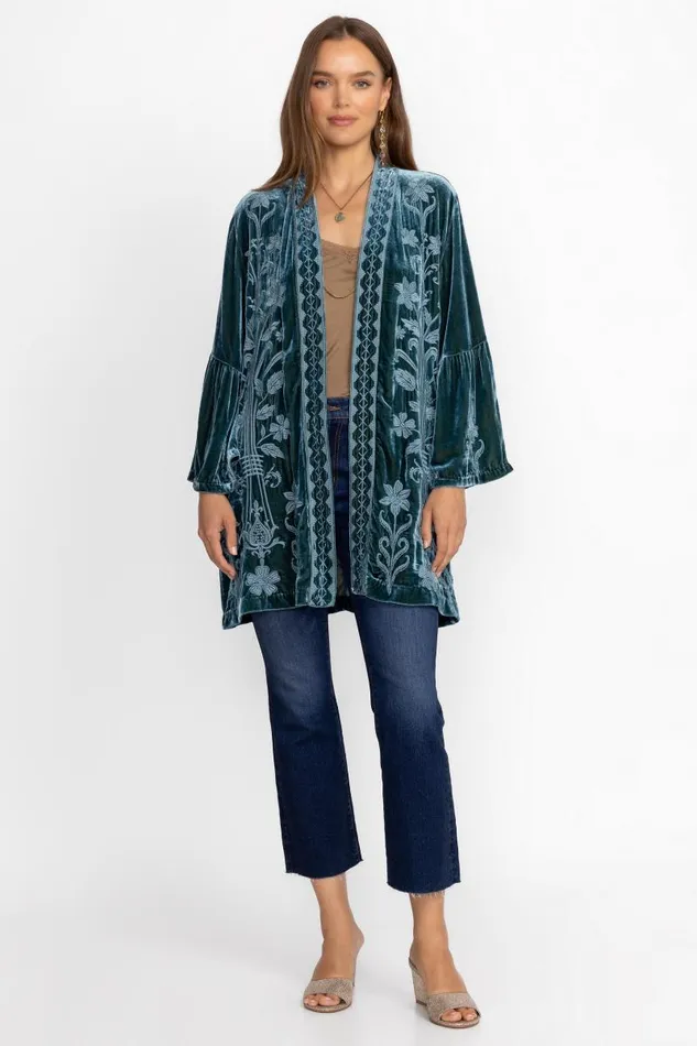 Women Plus Size Johnny Was VELVET RUFFLE SLEEVE KIMONO Peacock