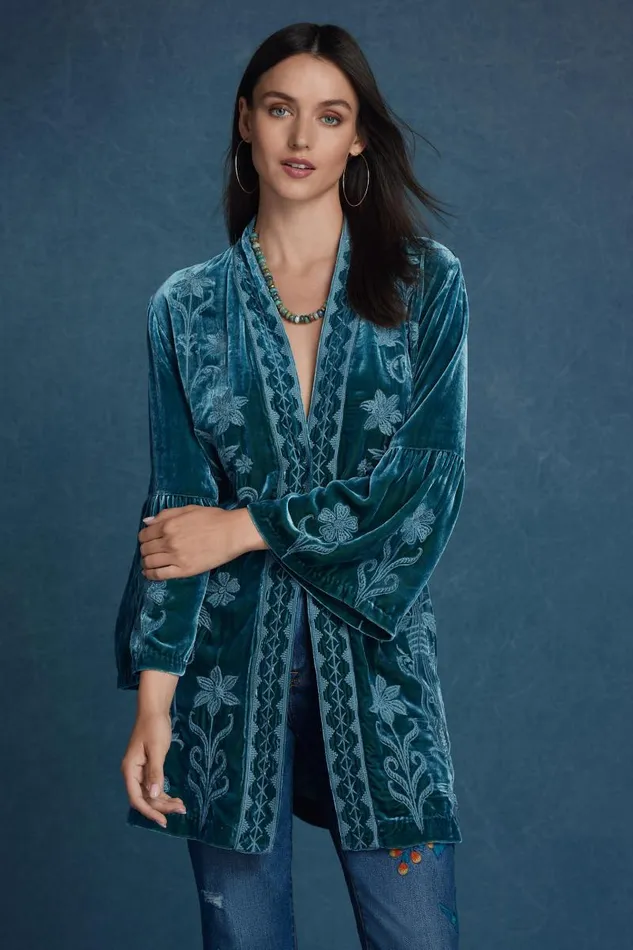 Women Plus Size Johnny Was VELVET RUFFLE SLEEVE KIMONO Peacock