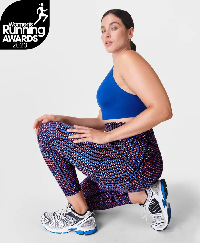 Women Pocketed Sweaty Betty Zero Gravity 78 Running Leggings Red White And Blue Geo Print