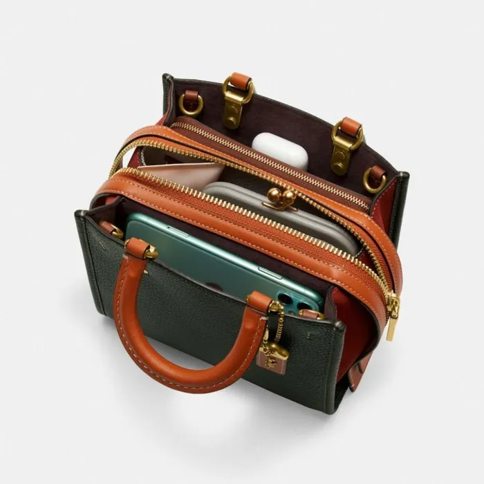 Women Rogue 20 In Colorblock Brassamazon Green Multi Coach Satchels and Top Handles