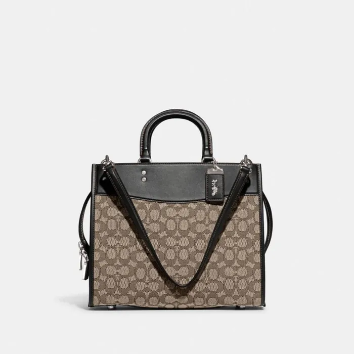 Women Rogue In Signature Textile Jacquard Silvercocoa Black Coach Satchels and Top Handles