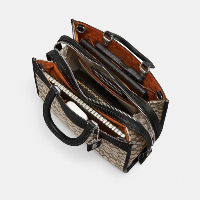 Women Rogue In Signature Textile Jacquard Silvercocoa Black Coach Satchels and Top Handles