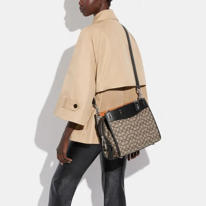 Women Rogue In Signature Textile Jacquard Silvercocoa Black Coach Satchels and Top Handles