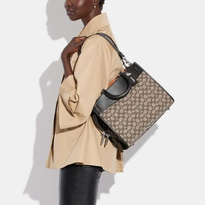 Women Rogue In Signature Textile Jacquard Silvercocoa Black Coach Satchels and Top Handles