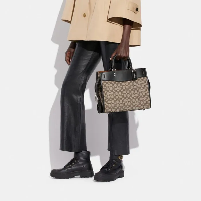 Women Rogue In Signature Textile Jacquard Silvercocoa Black Coach Satchels and Top Handles