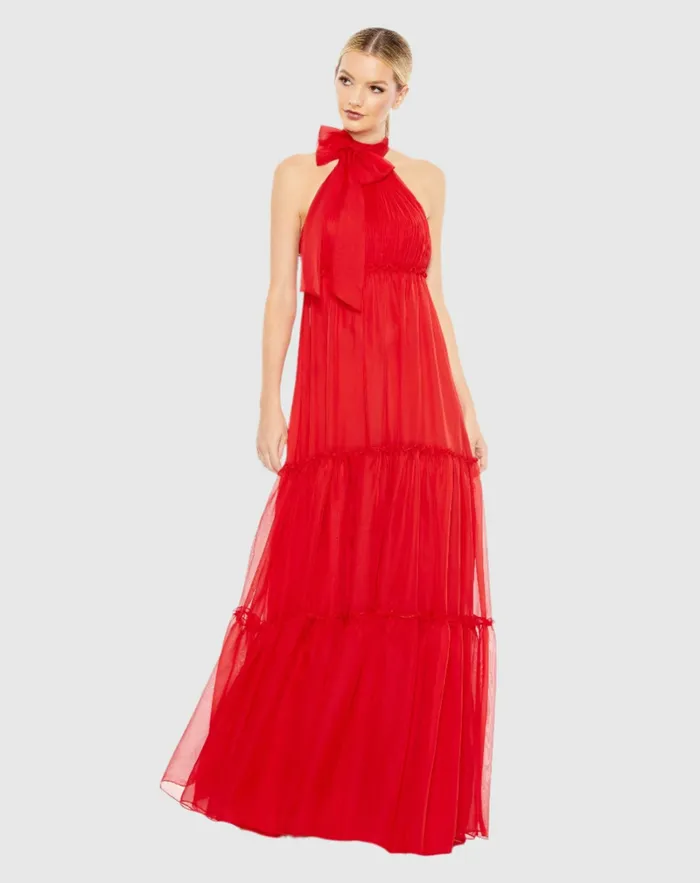 Women Ruched Tiered High Neck Bow A Line Gown Red Daytime Dresses Mac Duggal